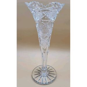 Fluted Crystal Cut Vase American Brilliant Period Tulip Saw Tooth‎ Rim 10''Tall